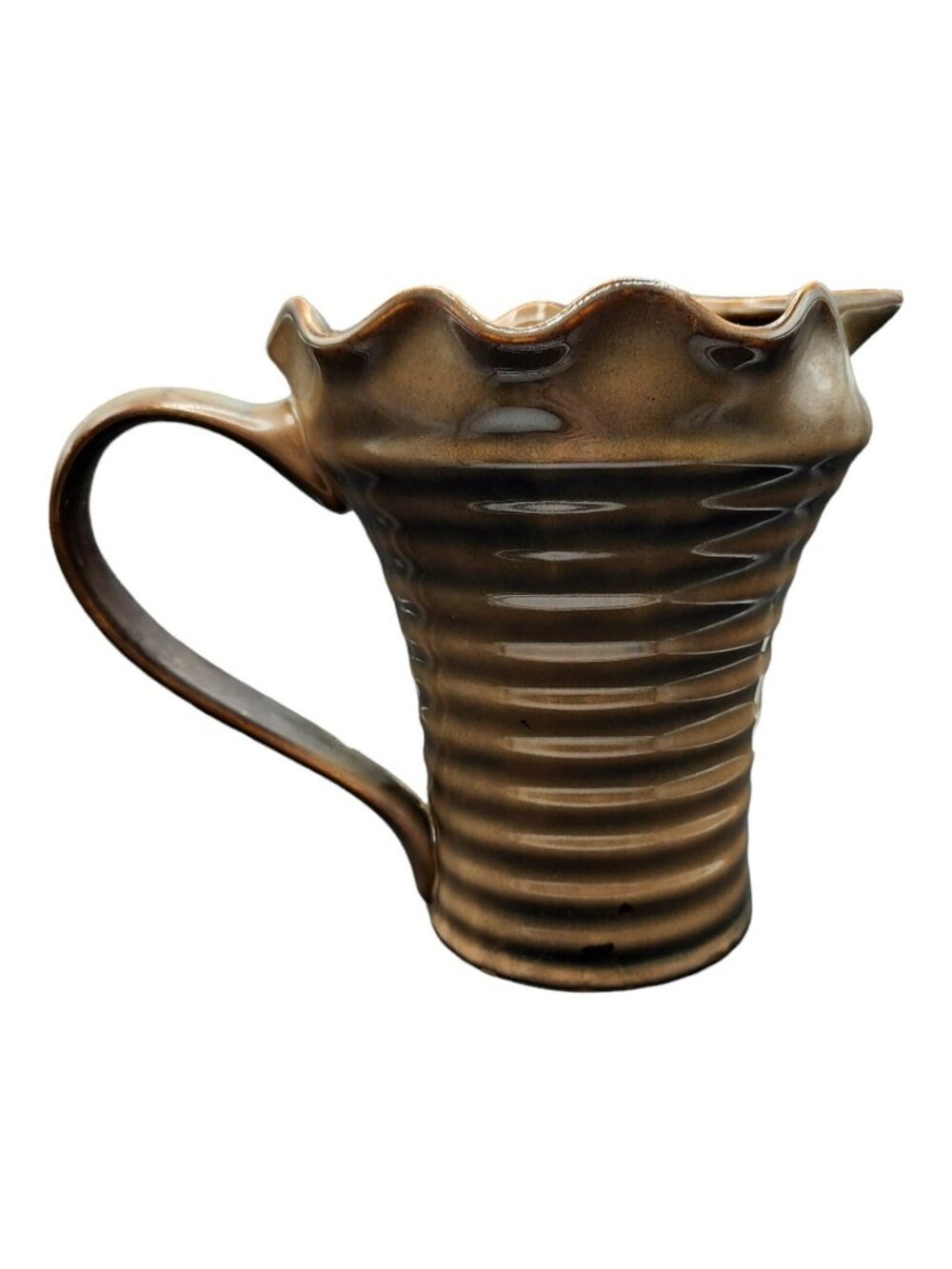 Vtg Brown 1970s WCL Large Stoneware Pitcher Ribbed & Scallop Top